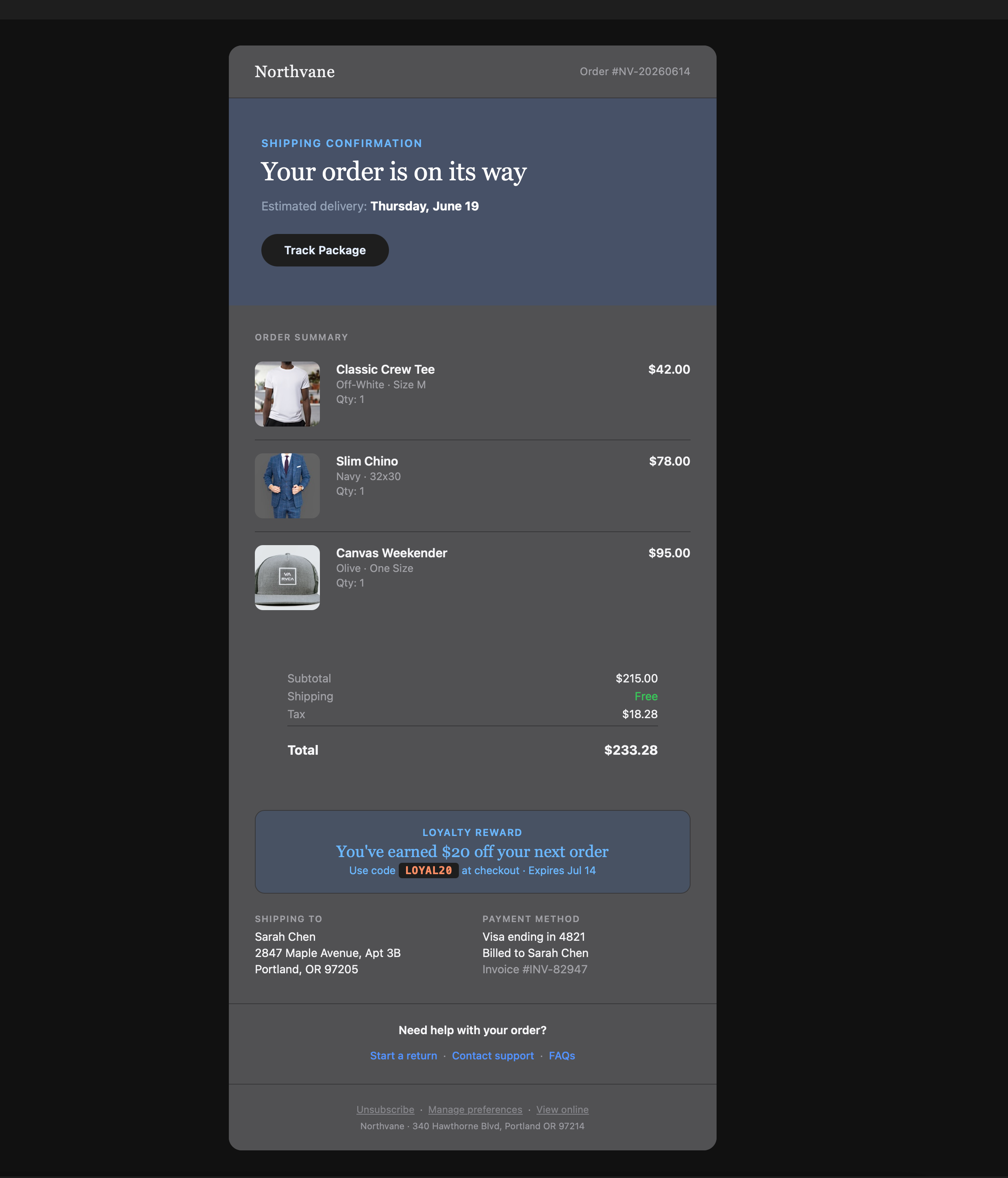 Same email rendered in Dark Mode on Outlook Mac showing inverted colors, shifted backgrounds, and altered promo banner