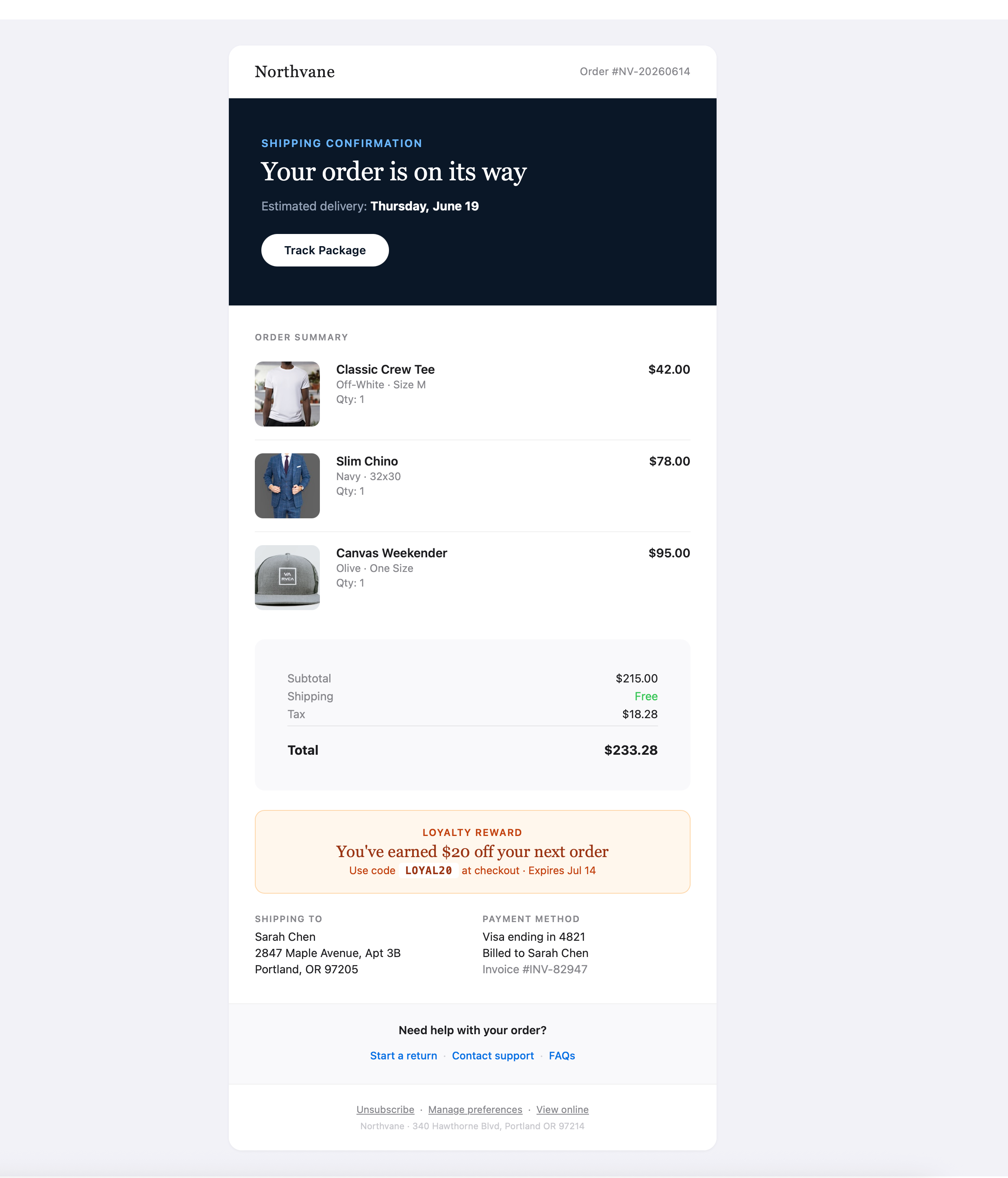 Full email rendered in Light Mode on Outlook Mac showing original design with gradient hero, rounded images, and amber promo banner